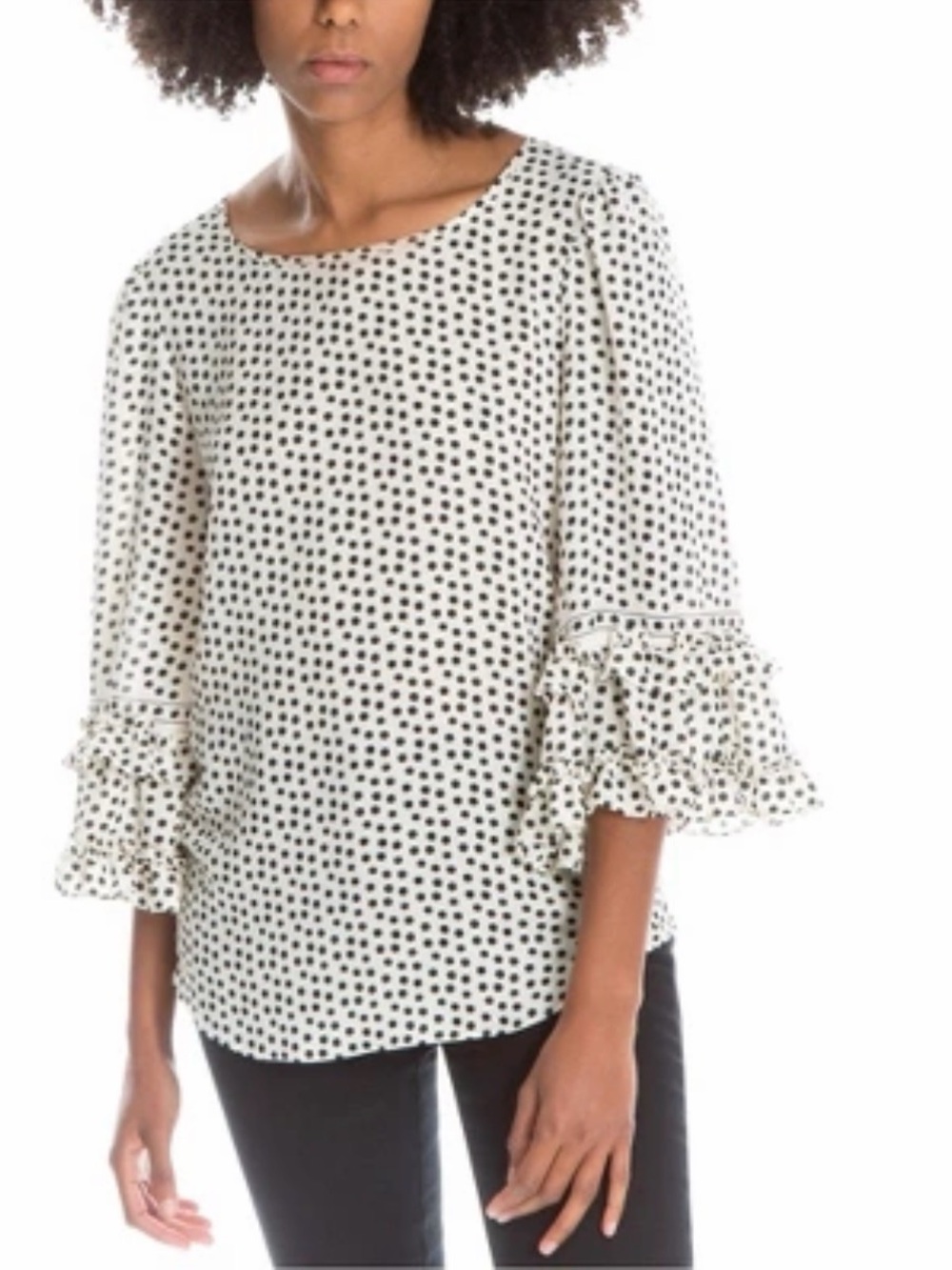 Max Studio White w:Blue Polka Dot 3/4 Ruffle Sleeve Tunic EUC